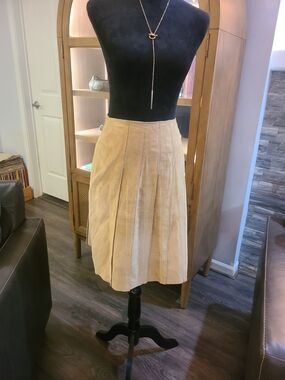 Neutral Beige Leather Suede A-Line Pleated Midi Skirt